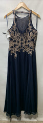 Betsy & Adam Long Sleeveless Halter Metallic Print Wrap Overlay Gown Size 8