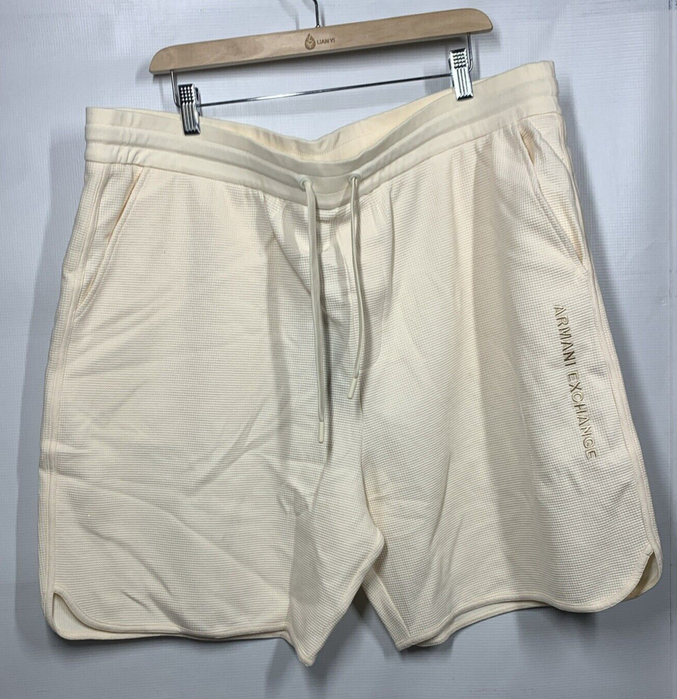 Armani Exchange Mens Drawstring Waffle Shorts Size 2XL Cream Casual with Pockets