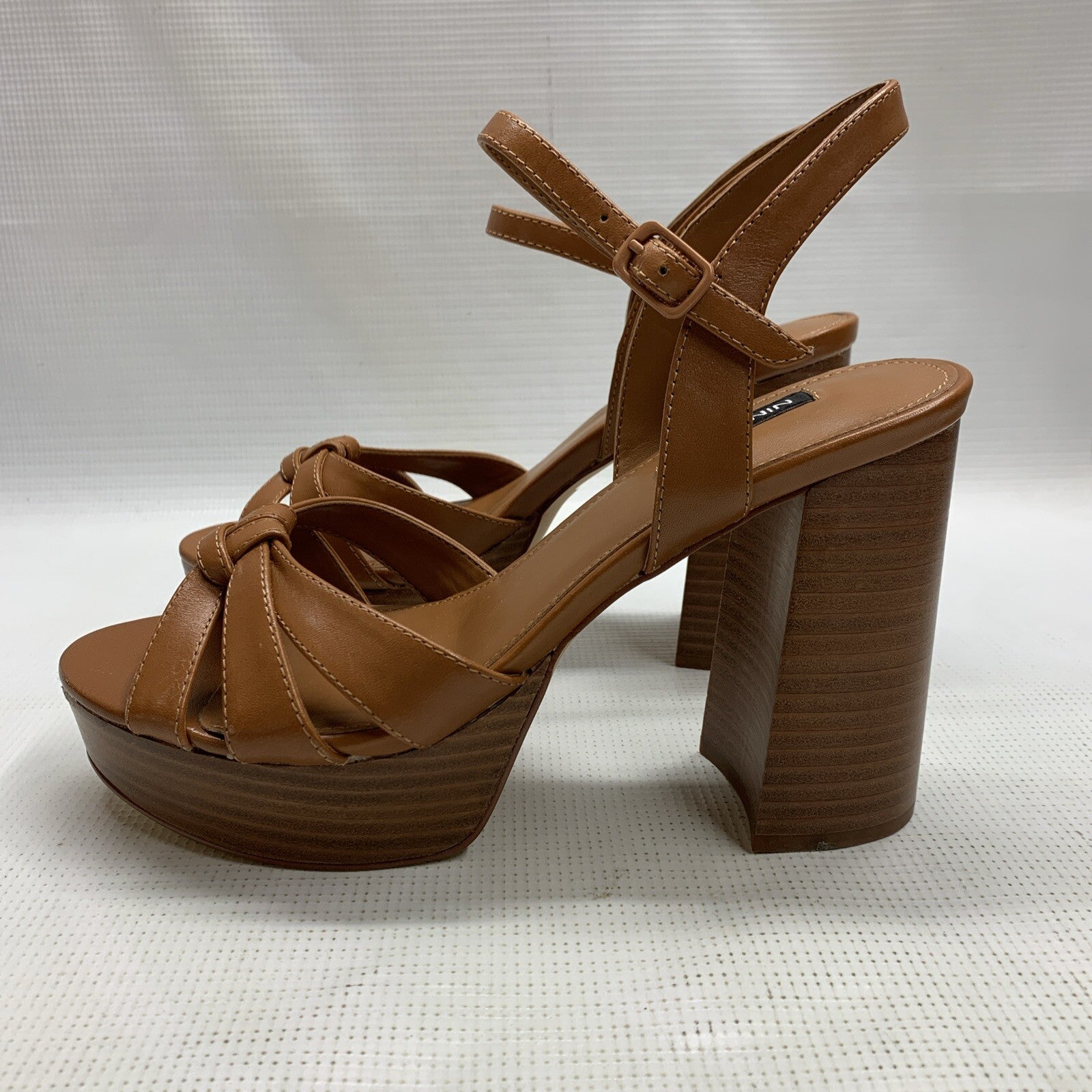 Nine West Women's Rast Platform Block High Heeled Sandal Brown 9M Open Round Toe