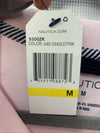 Nautica women's short sleeve cotton polo shirt in aloha pink, size M, with 5-button placket and classic fit.