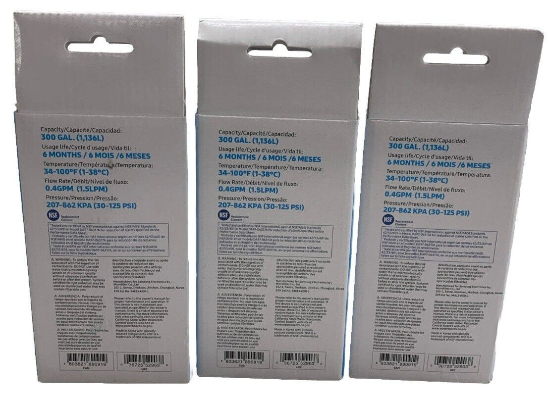 Genuine Samsung DA29-00003G Refrigerator Ice & Water Filter Clear Drink - 3 Pack