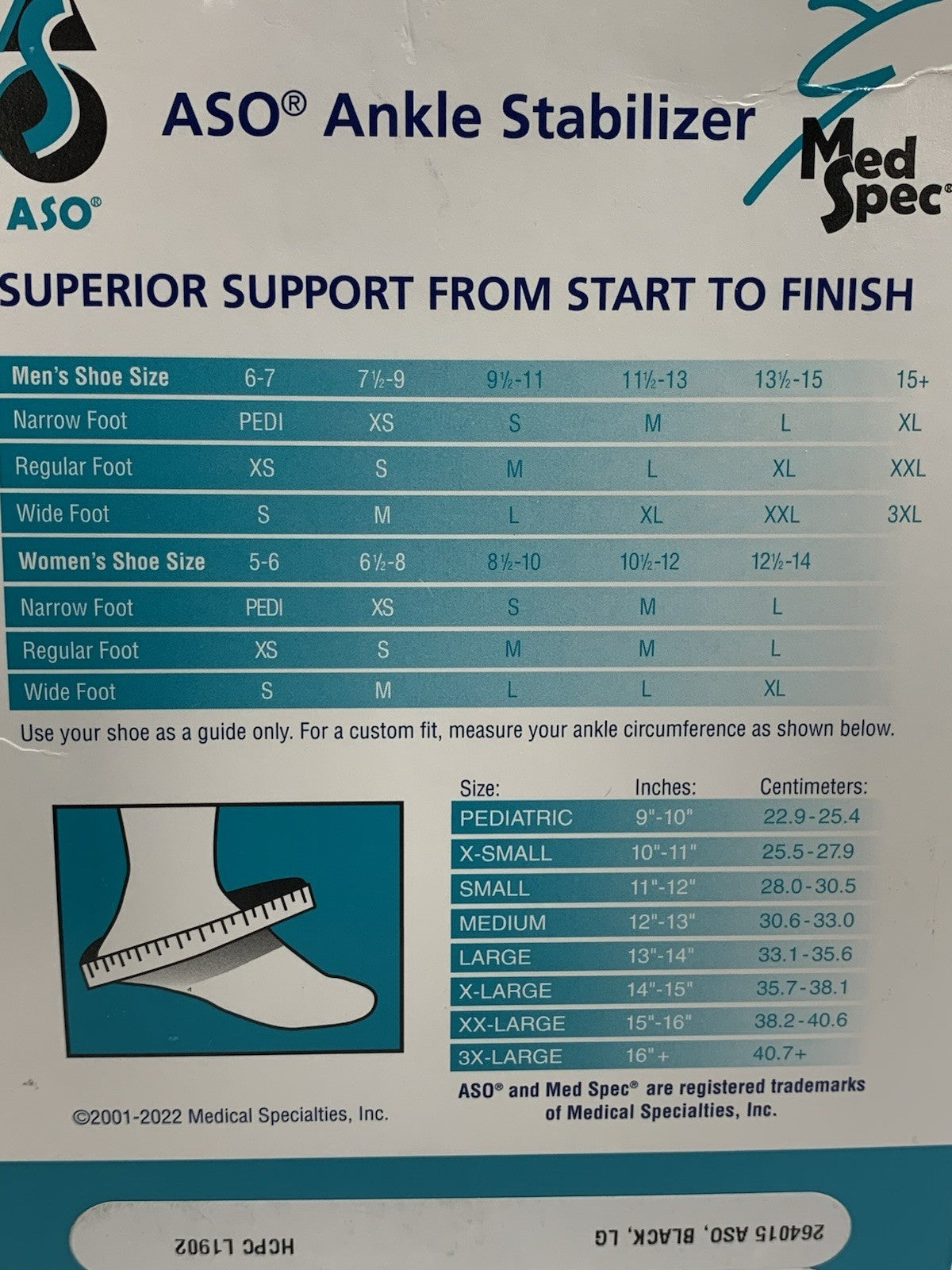 Med Spec 264015 ASO Ankle Support Stabilizer Black Large for Ankle Injury Sprain