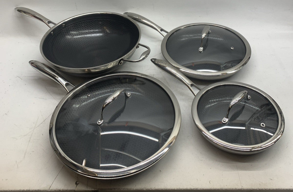 HexClad Hybrid 7-Piece Cookware Pan Set 8” 10” 12” w/Cover Lids & 12” Wok - USED