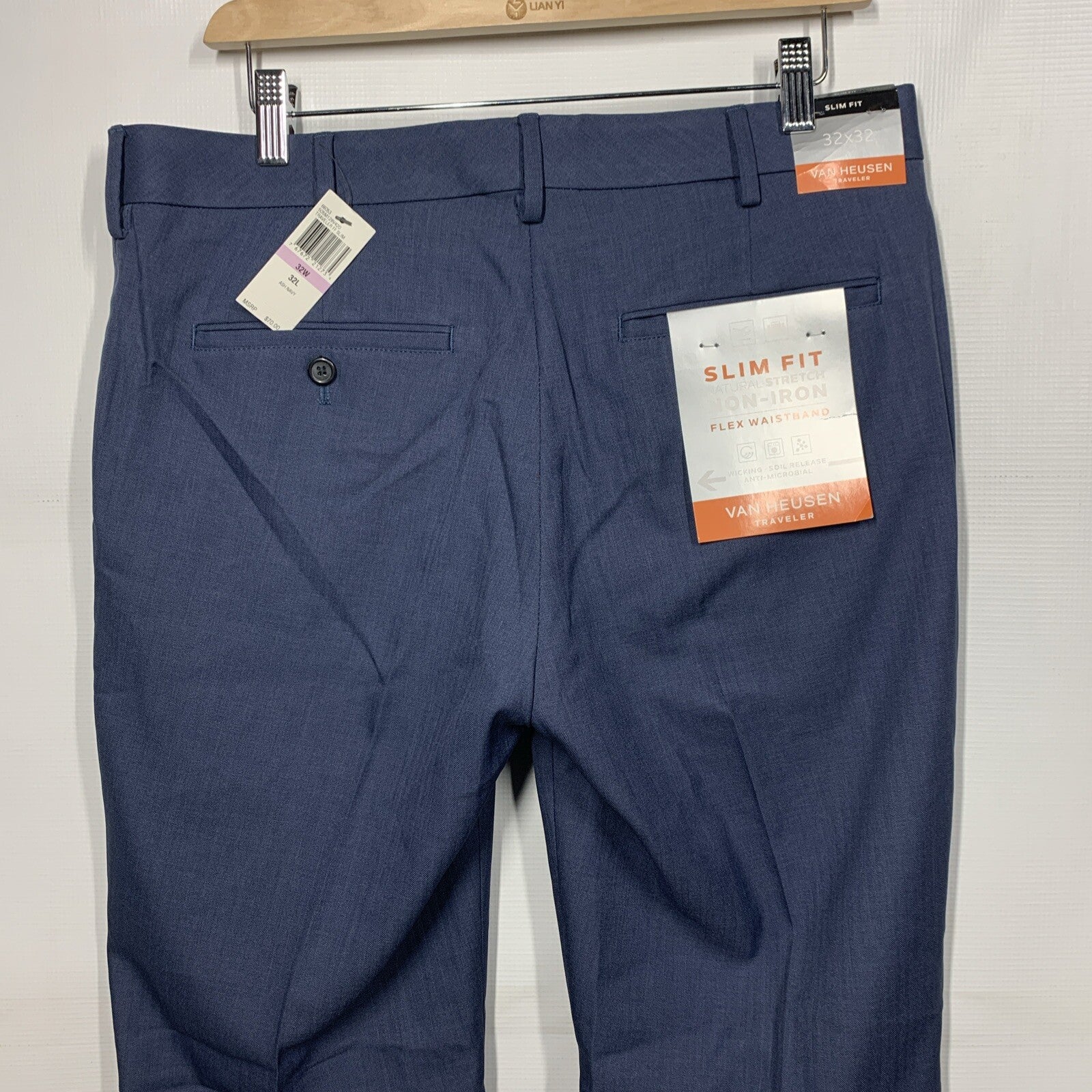 Van Heusen Flex Slim Dress Chino Long Pants Mens 32x32 Ash Navy Flex Waistband