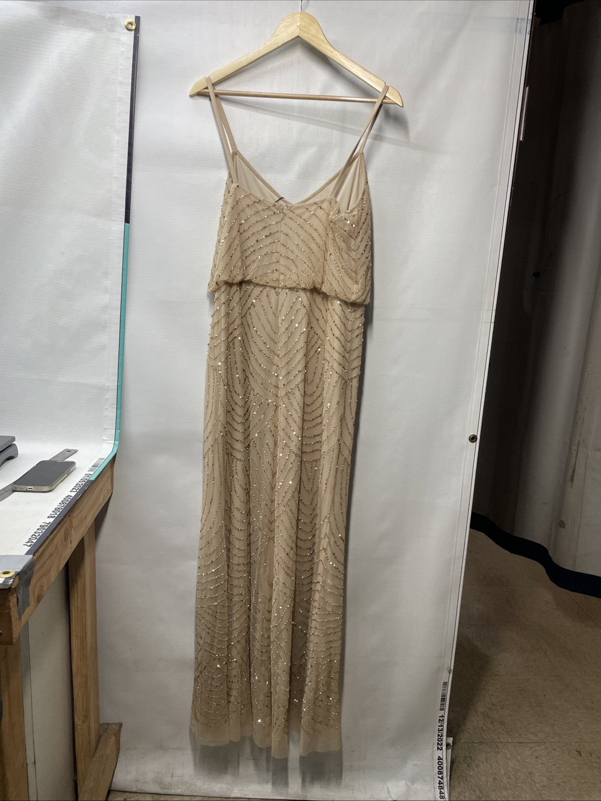 Adrianna Papell Women's Long Beaded Blouson Gown Size 12 Champ/Gold V-Neckline