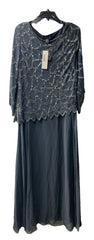 J Kara Women's 3/4 Sleeve Geo Design Long Beaded Gown, Grey/Gun Size 14W Pull On