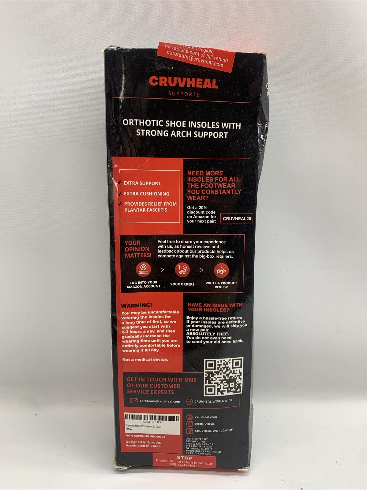 Cruv Heal Prof Strong Arch Support Insoles Orthotic Men Women 200+Black Large