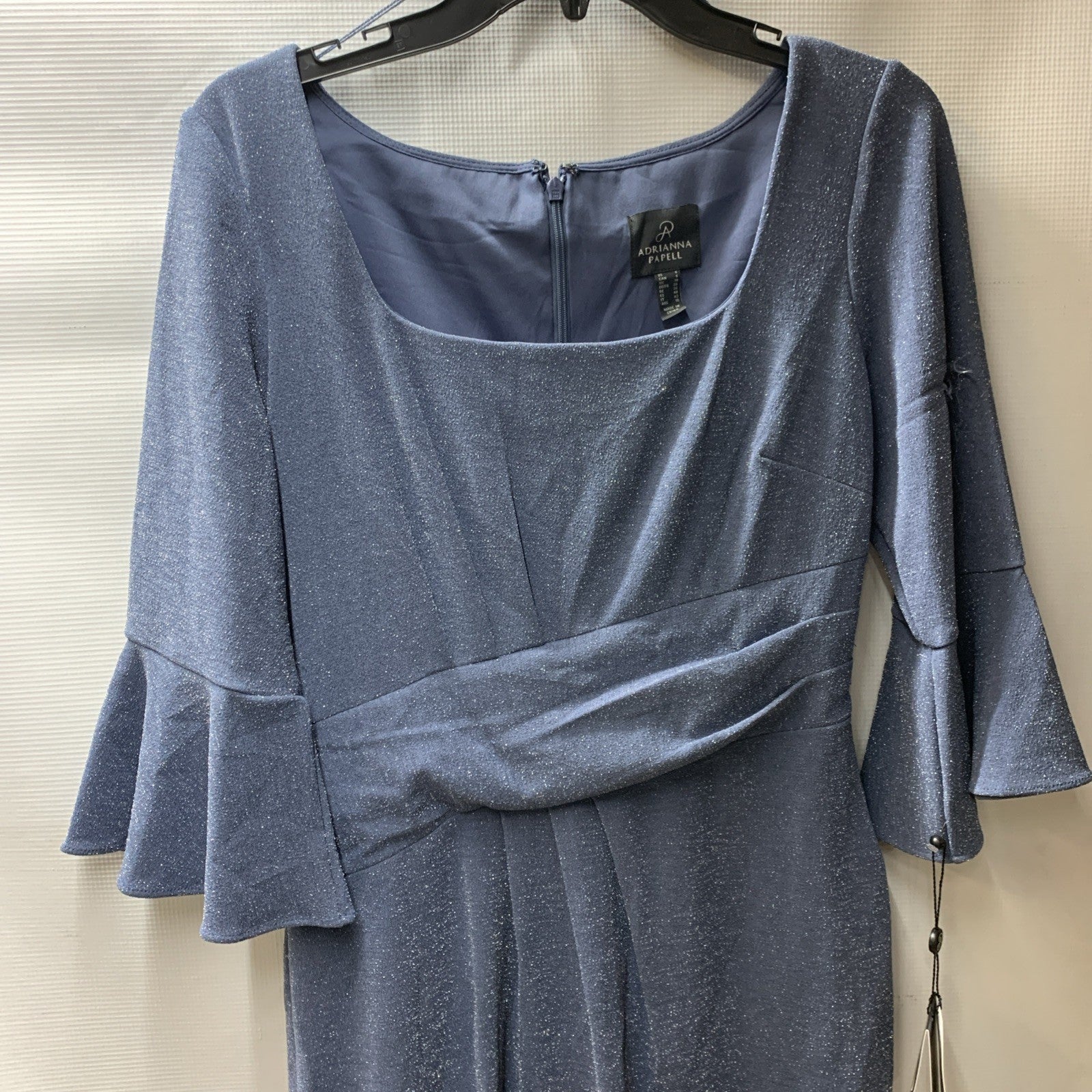 Adrianna Papell Women's Metallic Knit Draped Dress Steel Blue Square Neck Size 6