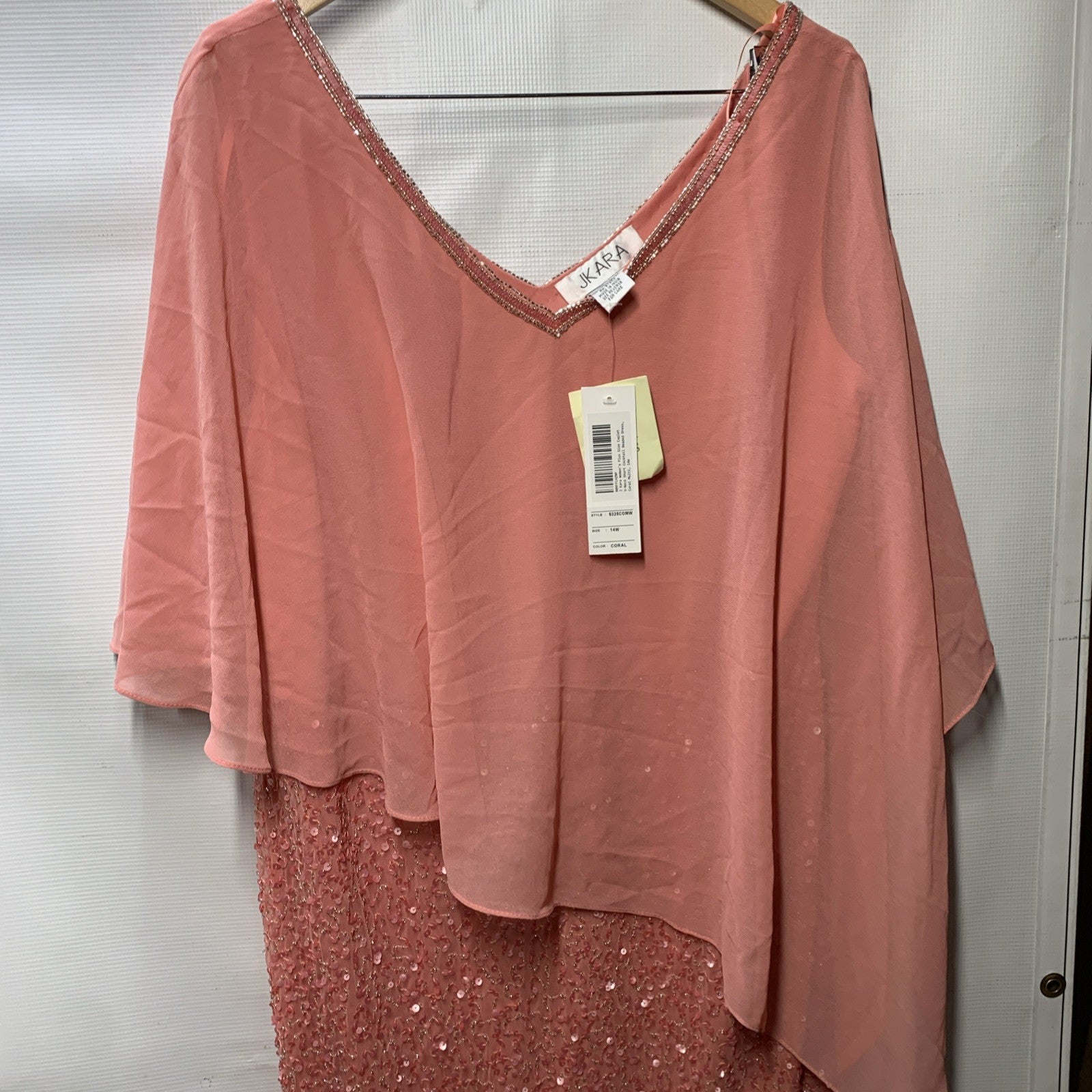 J Kara Caplet Short Cocktail Party Beaded Dress Women’s Size 14W Pull-On Coral