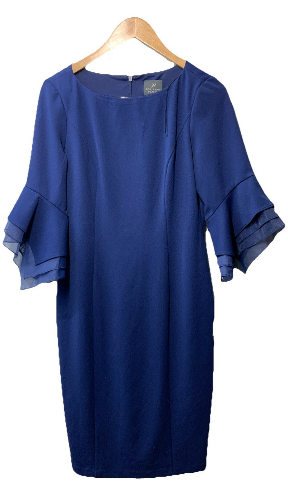 Adrianna Papell Tiered Sleeve Sheath Dress Women's Size 8 Navy Satin Knit Crepe