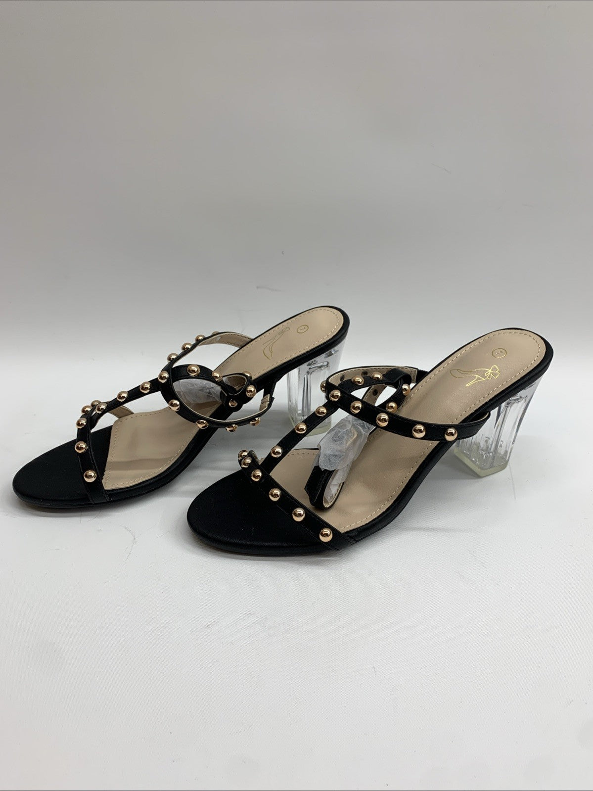 Perphy Rivets Heel Slingback T-Strap Chunky Clear Heels Studded Sandal 7 Black