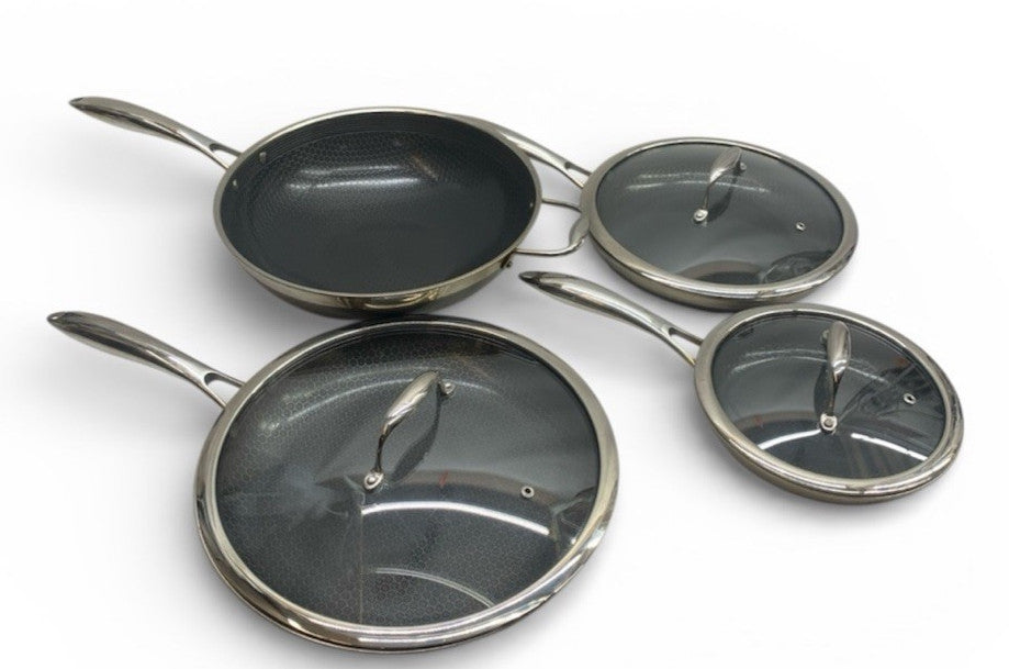 HexClad Hybrid Nonstick Cookware 7-Piece Pan Set with Cover Lid and Wok - USED