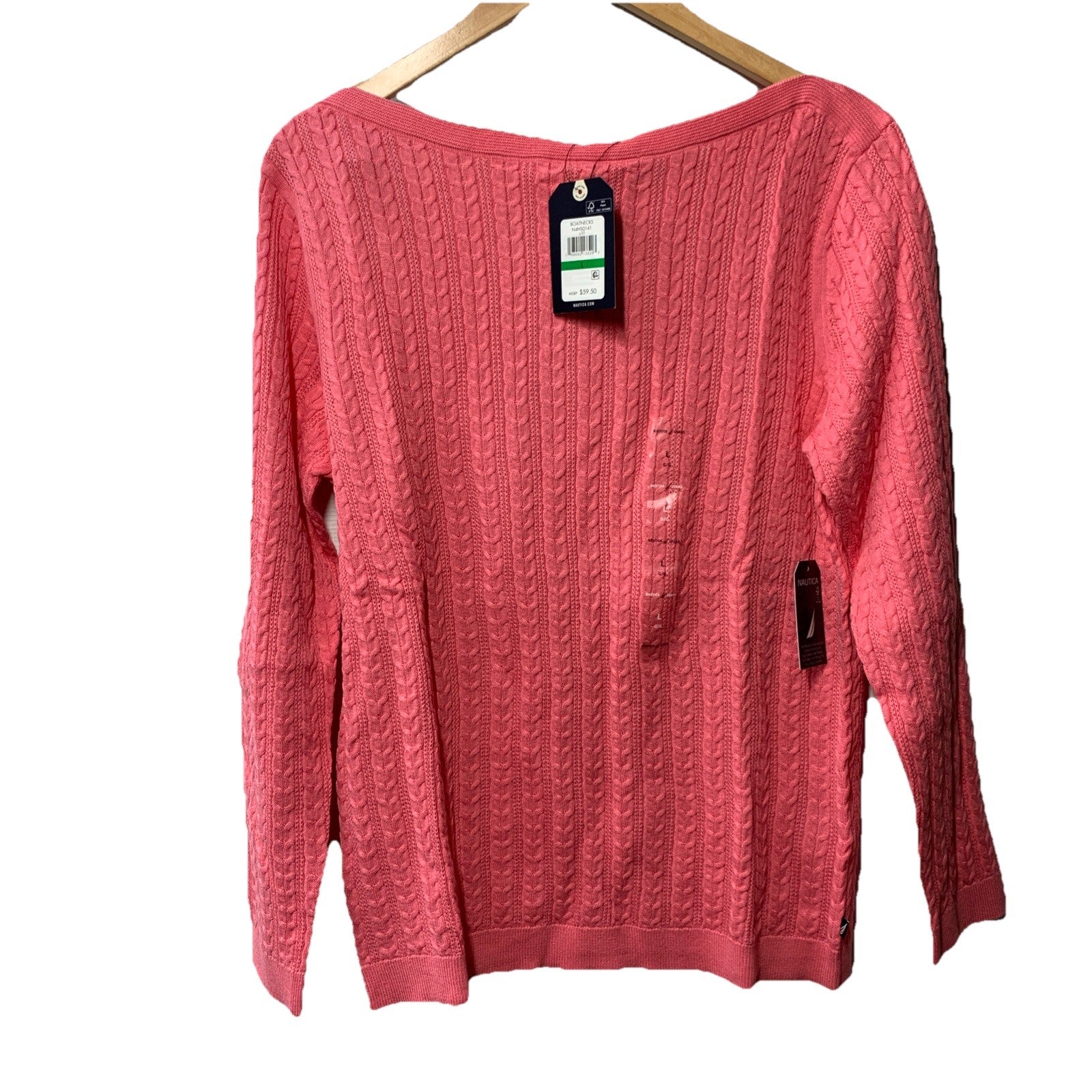 Pink Nautica women's cable knit sweater with boatneck, long sleeves, cotton fabric, size L, casual women's clothing.