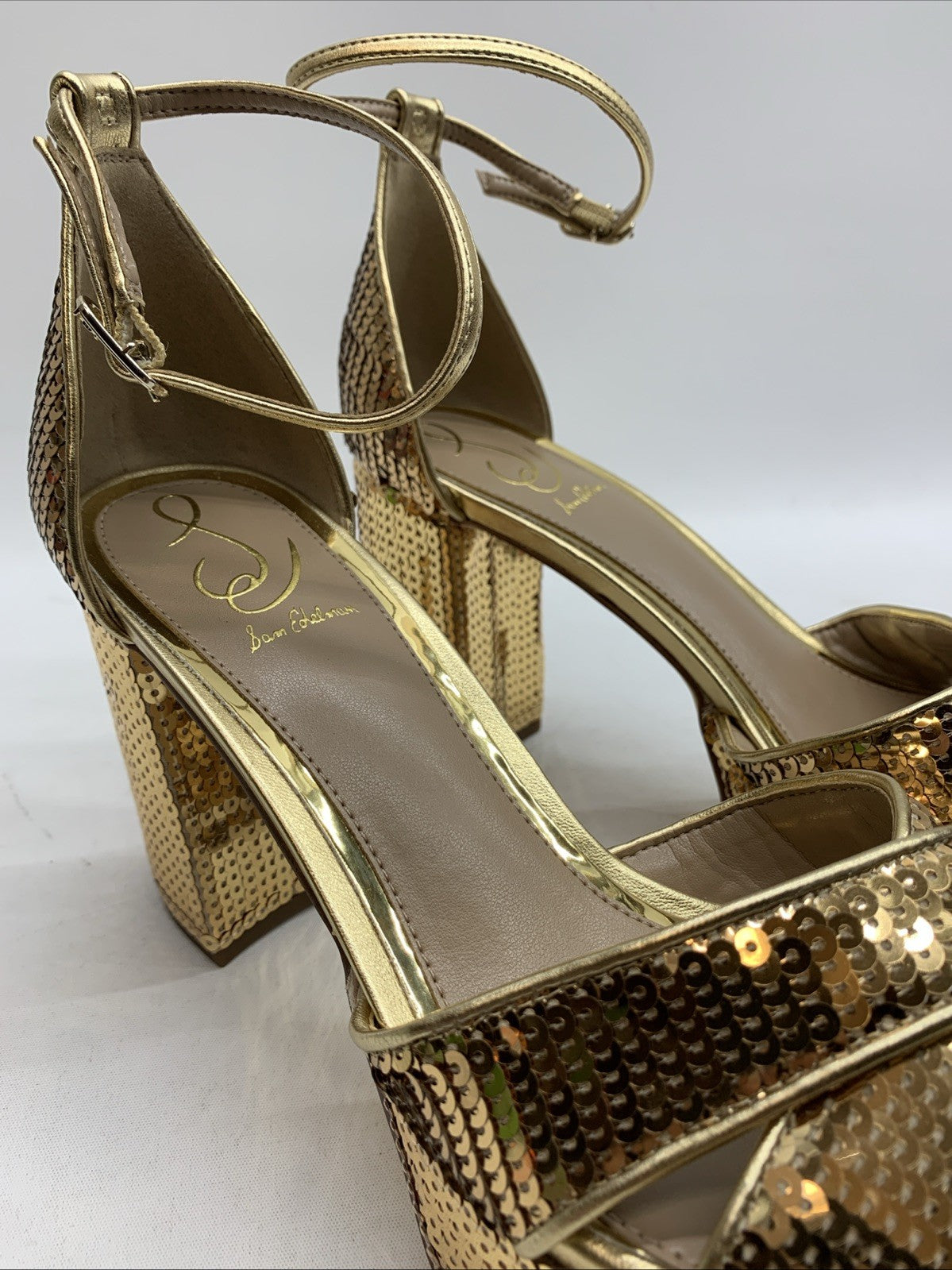 Sam Edelman Jullian2 Women's Platform Gold Sequins 8.5 M Open Toe Heel Sandal