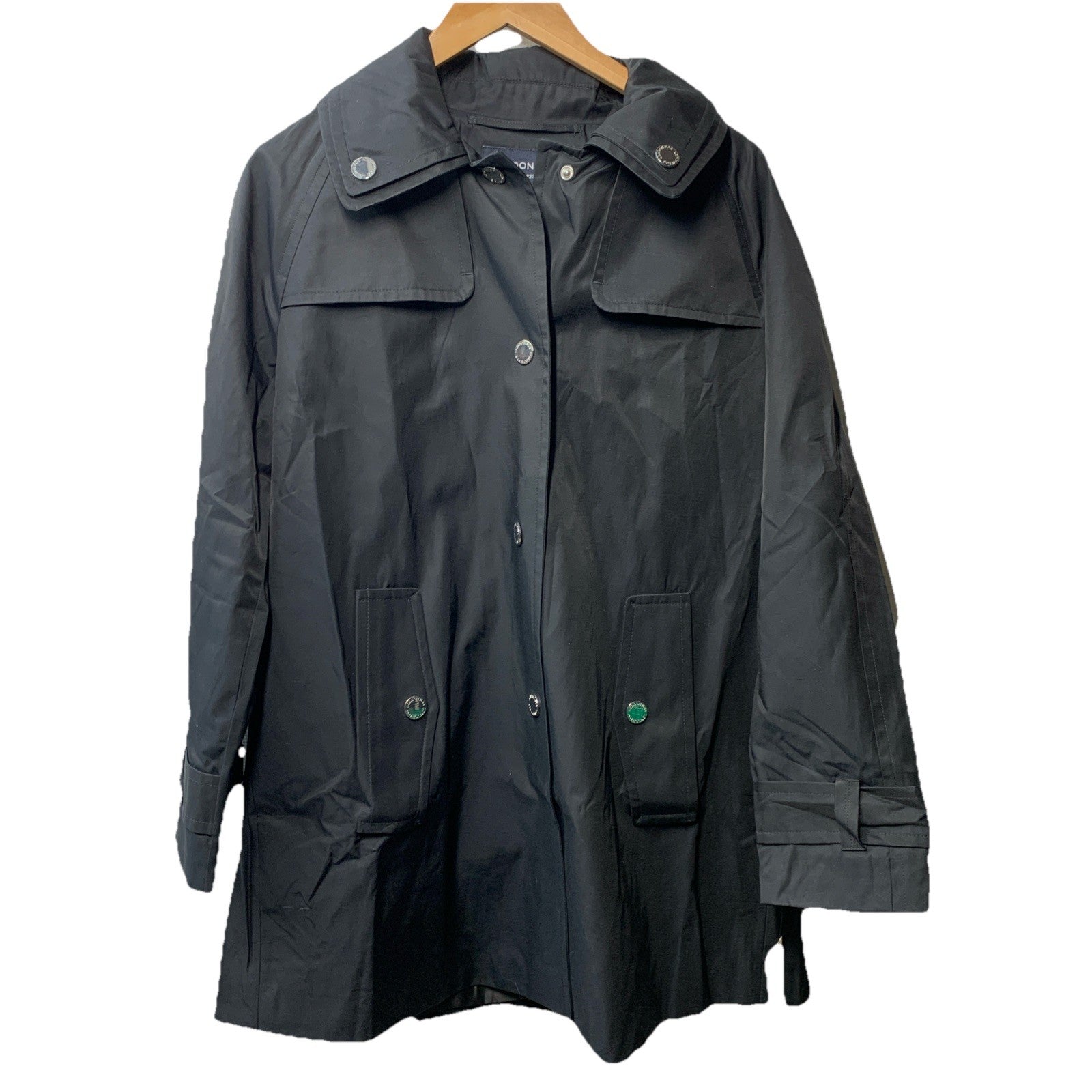 London Fog women's black trench coat jacket with hood, long sleeves, and pockets, medium size, stylish and functional outerwear.
