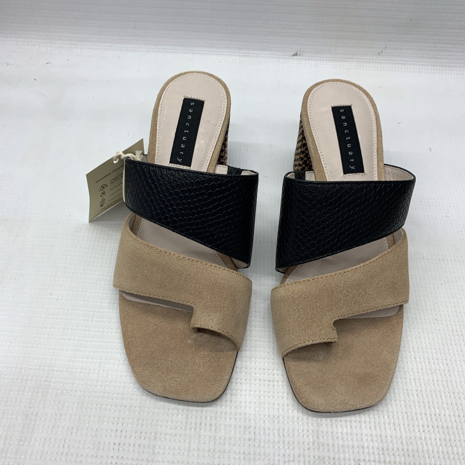 Sanctuary Women's Leather Cafe and Black Brisk Heeled Sandals Size 5.5 Slip-on