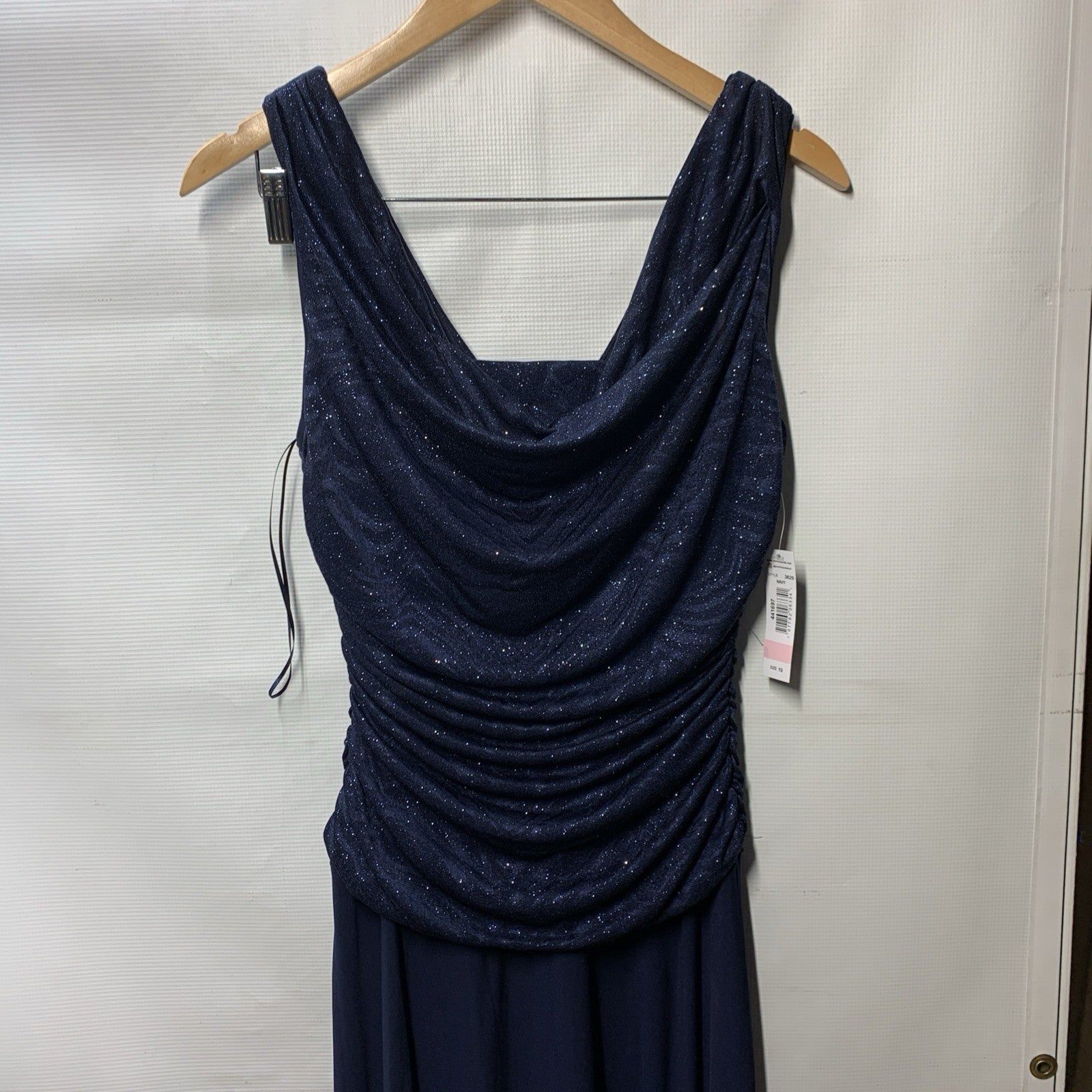 R&m Richards Women's Glitter Knit Chiffon Evening Gown Navy Blue 10 Sleeveless