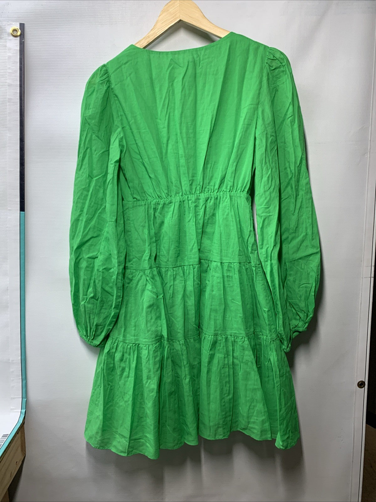 Trina Turk Women A Line Cotton Dress S Green Pull On V-neck Long Balloon Sleeve