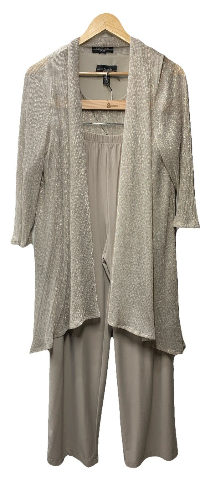 R&M Richards Womens 3 Piece Set Pants Open-Front Blazer Size 12 Champagne 445786