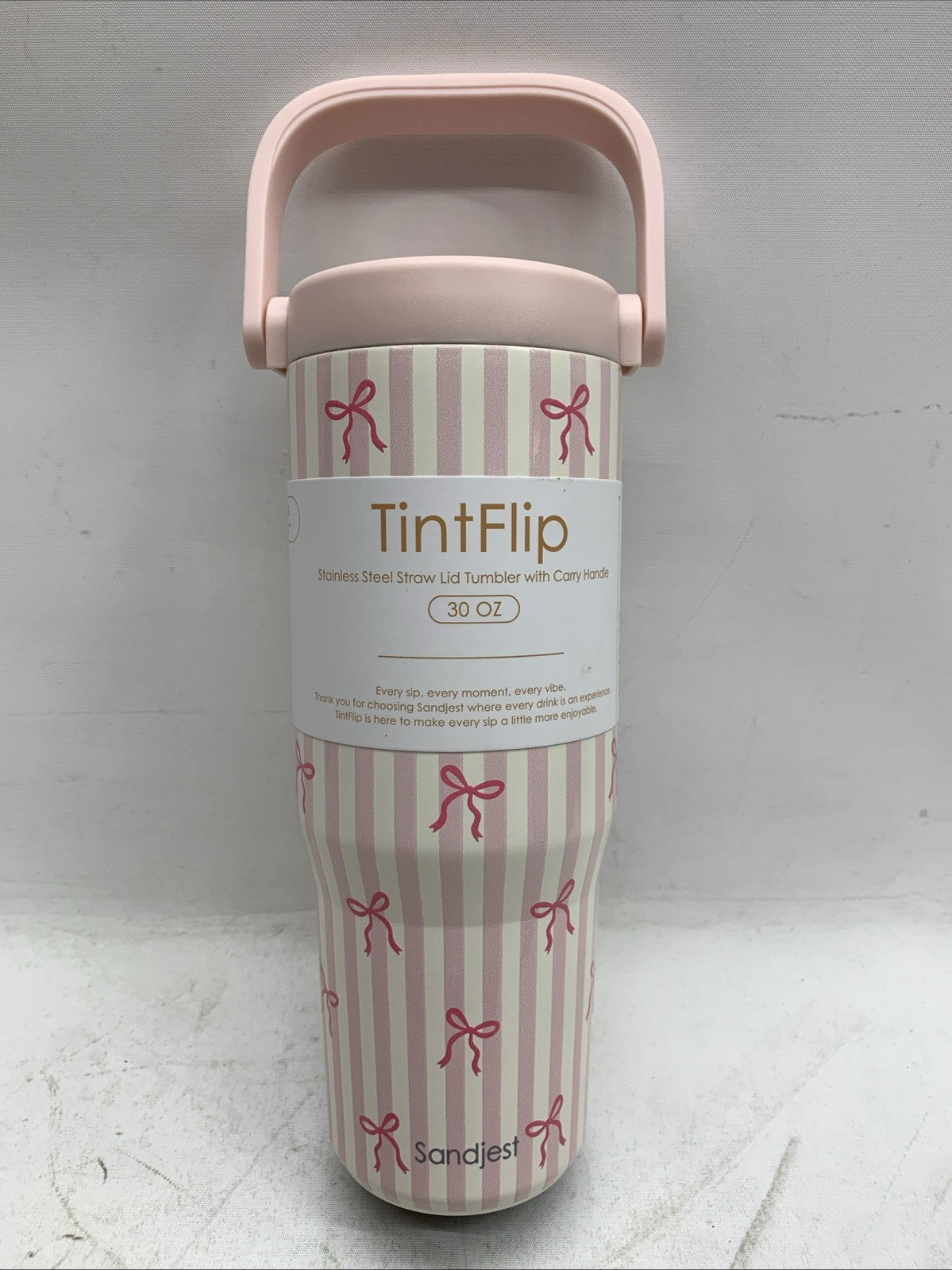 SANDJEST Bow Stainless Steel 30oz Beverage Water Tumbler w/Flip Straw & Handle