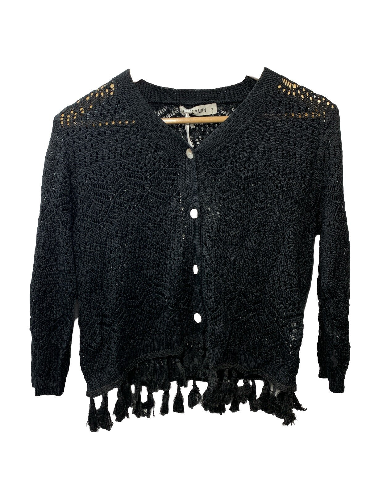GRACE KARIN Women's Fringed Cardigan 2025 Boho Hollowed Out Top Size M Black