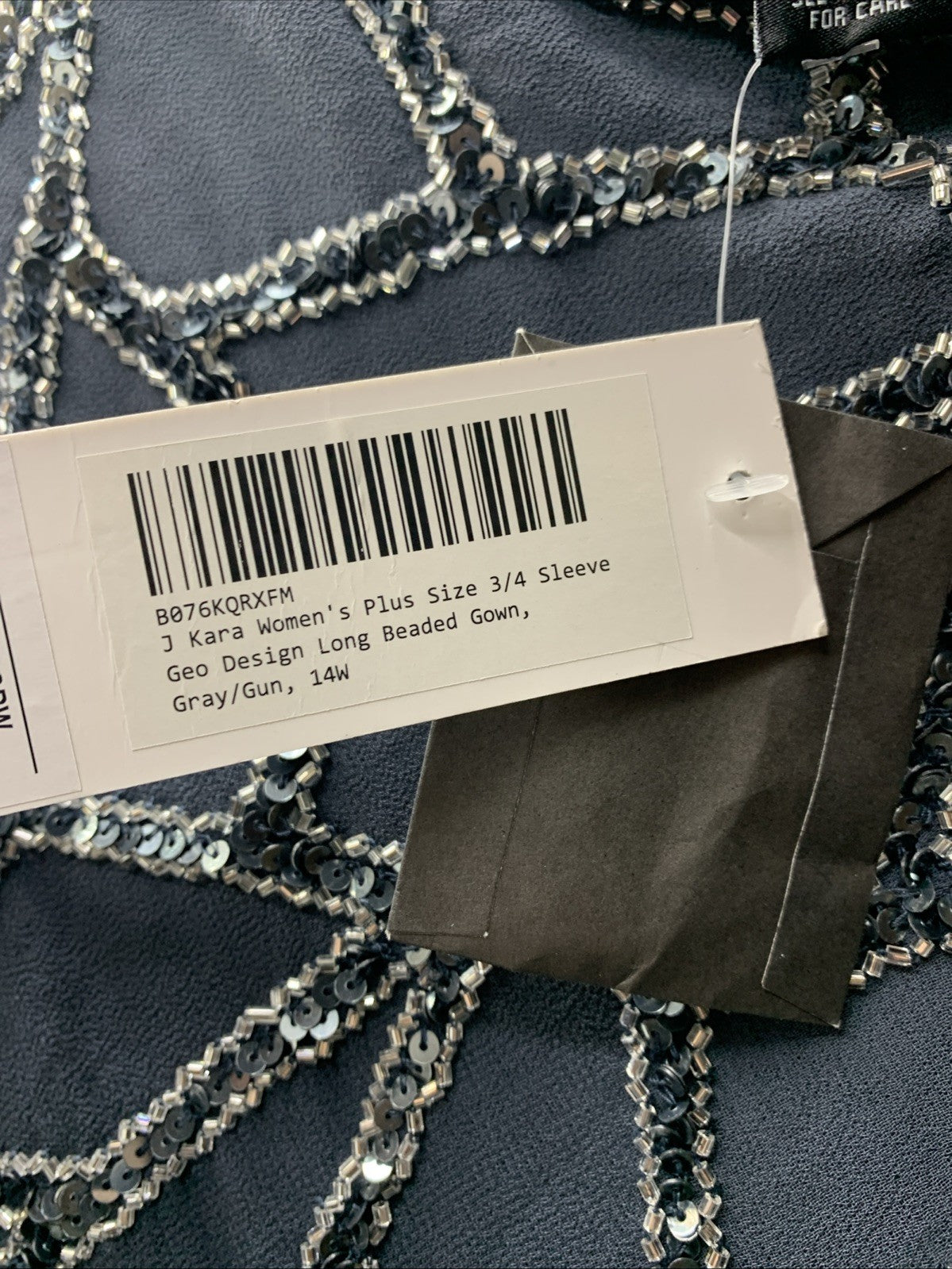 J Kara Women's 3/4 Sleeve Geo Design Long Beaded Gown, Grey/Gun Size 14W Pull On