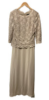 Alex Evenings women's 3/4 sleeve stretch lace bodice mock one-piece gown, size 12, elegant formal dress with lace details.