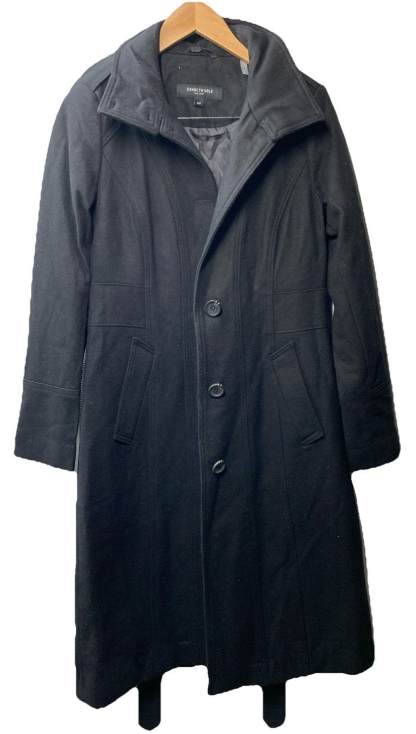 Kenneth Cole Women's Belted Military Coat Long Sleeve with Collar Black Small