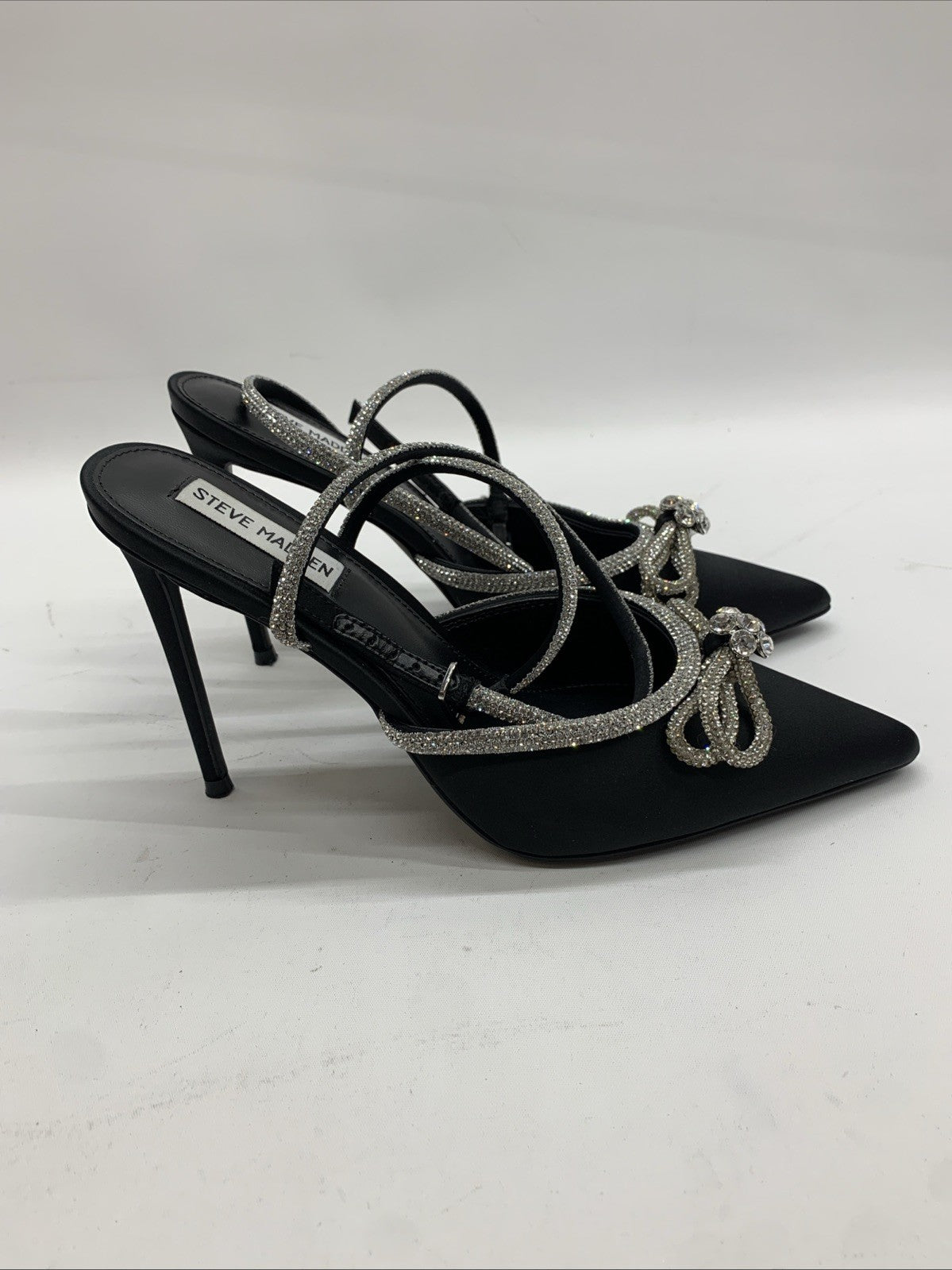 Steve Madden Viable High Stiletto Embellished Ankle Strap Size 10 Satin Black