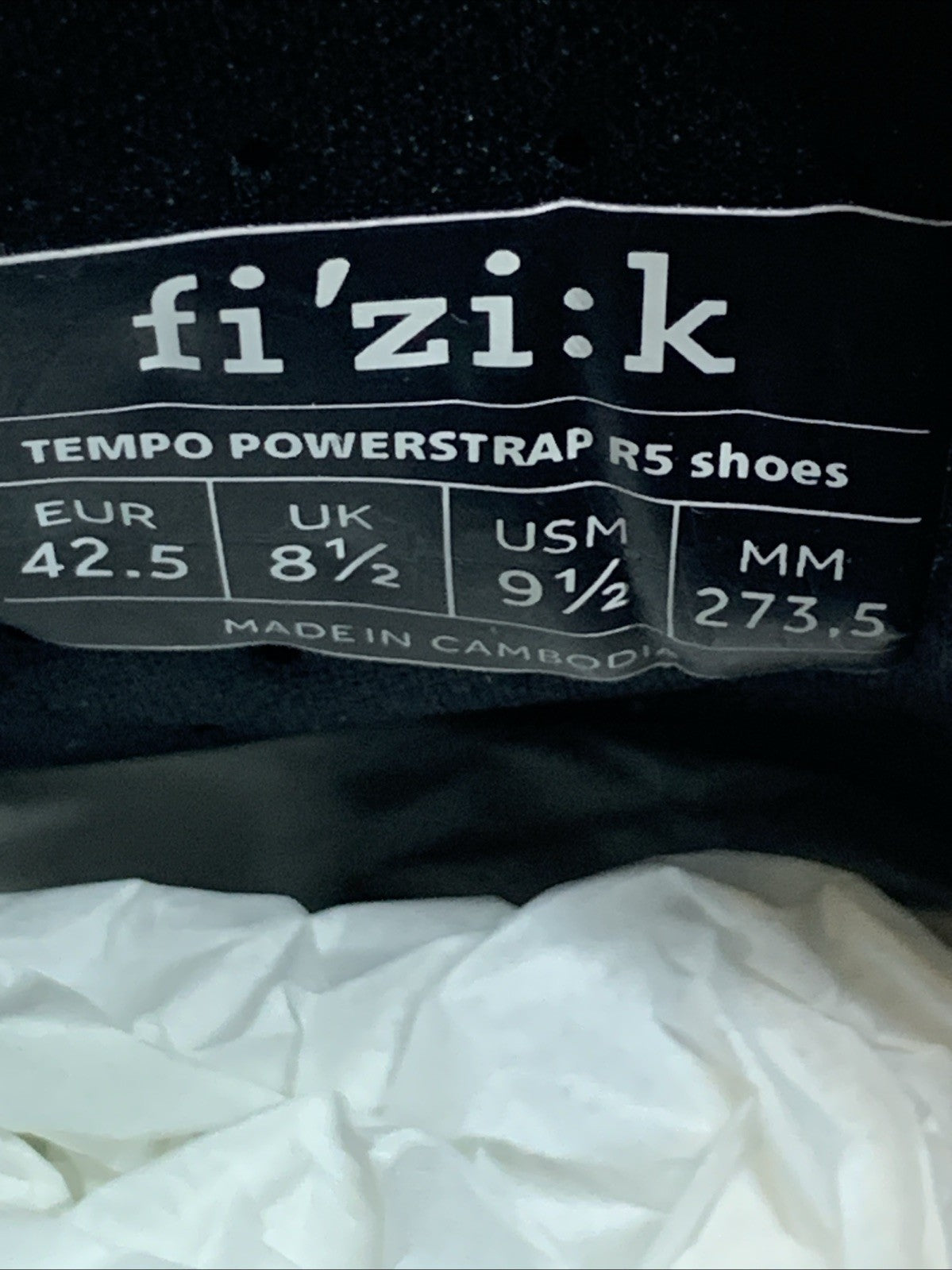 Fi'zi:k Tempo R5 Powerstrap Cycling Shoe TPRSPSPU2-1010 Size 9.5 Blk Hook & Loop