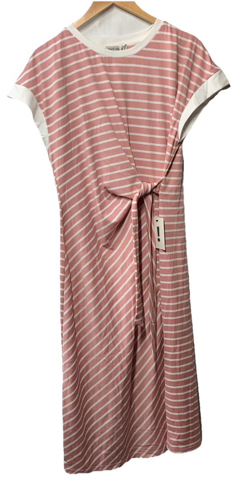 Grace Karin Pink And White Tie Front Dress Size 2XL Sleeveless Striped Crew Neck
