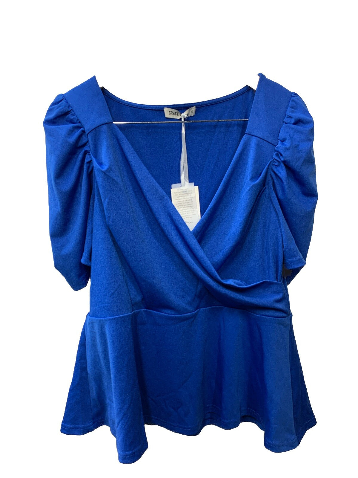 Grace Karin Blue Women's Puff Sleeve Short Sleeve V-Neck Peplum Wrap Blouse XL