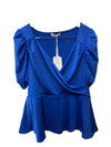 Grace Karin Blue Women's Puff Sleeve Short Sleeve V-Neck Peplum Wrap Blouse XL