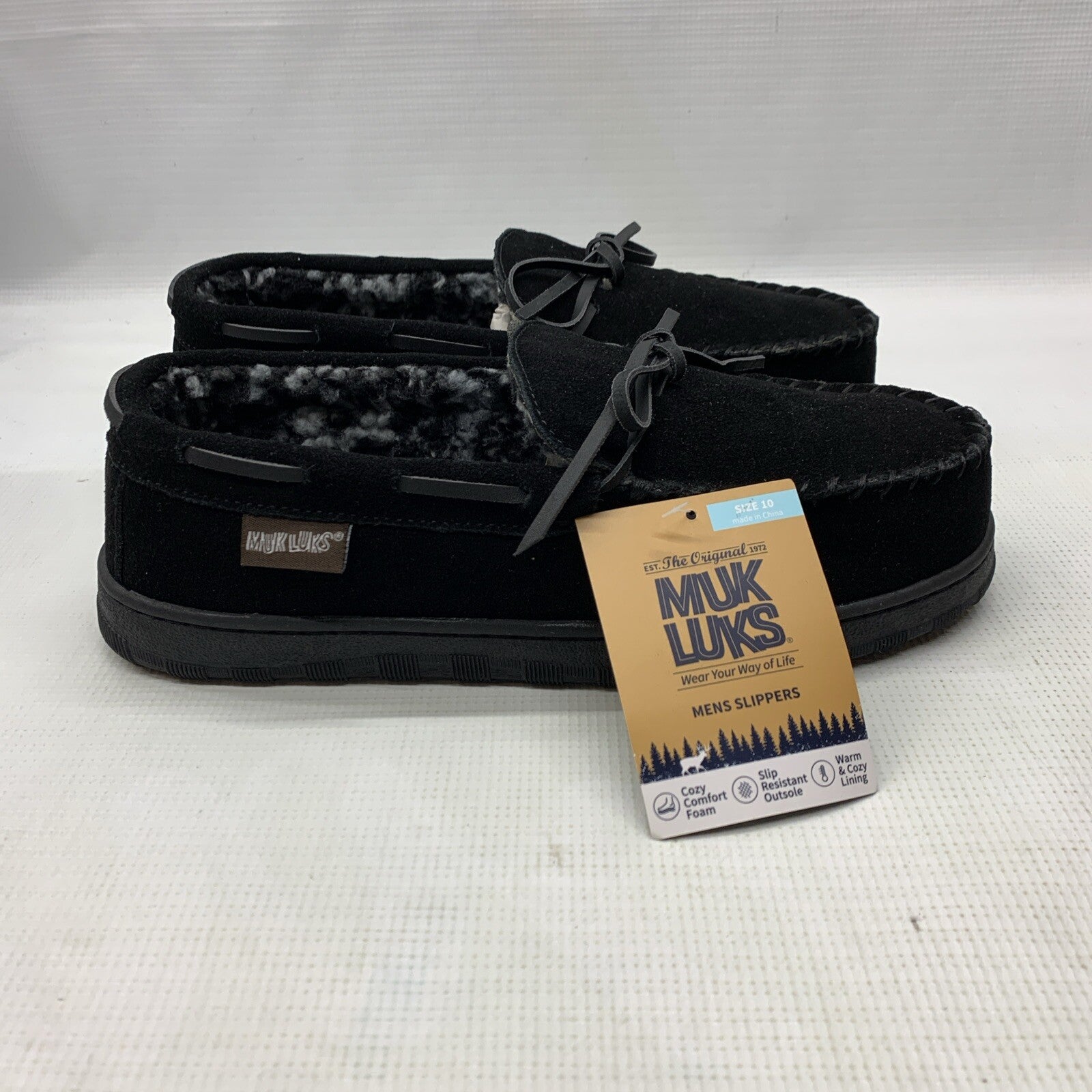 MUK LUKS Paul Printed Berber Suede Moccasin Men's Slipper Black Size 10 Casual
