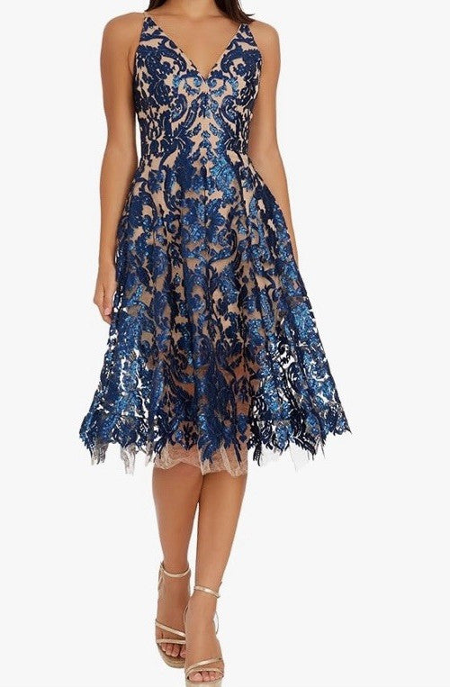Dress The Population Embellished Fit & Flare Dress Size Small V-neck Sleeveless