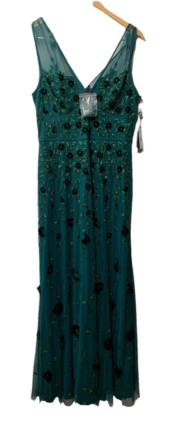 Adrianna Papell Women's Green Beaded Floral Gown Dress Sleeveless V-neck Size 12