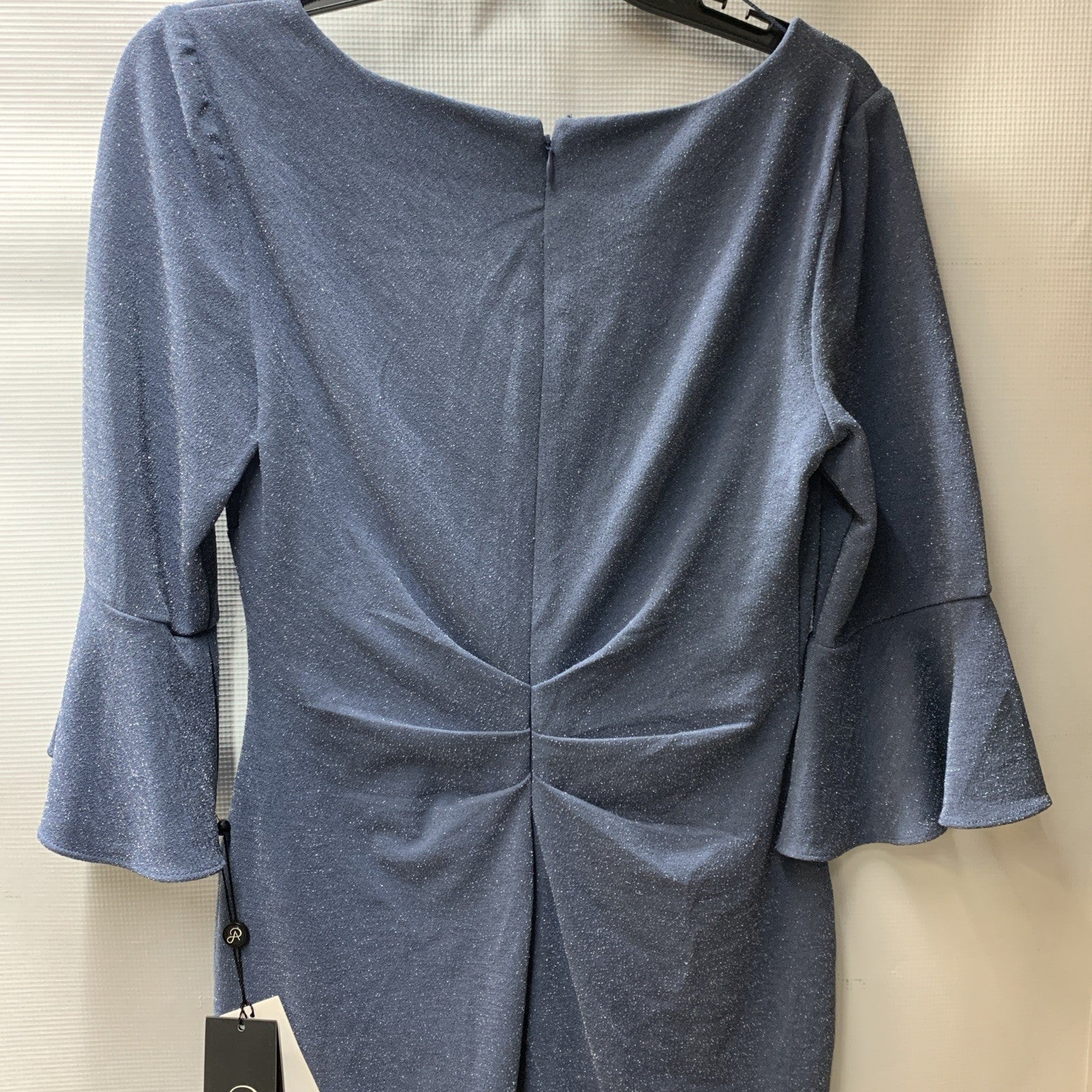 Adrianna Papell Women's Metallic Knit Draped Dress Steel Blue Square Neck Size 6