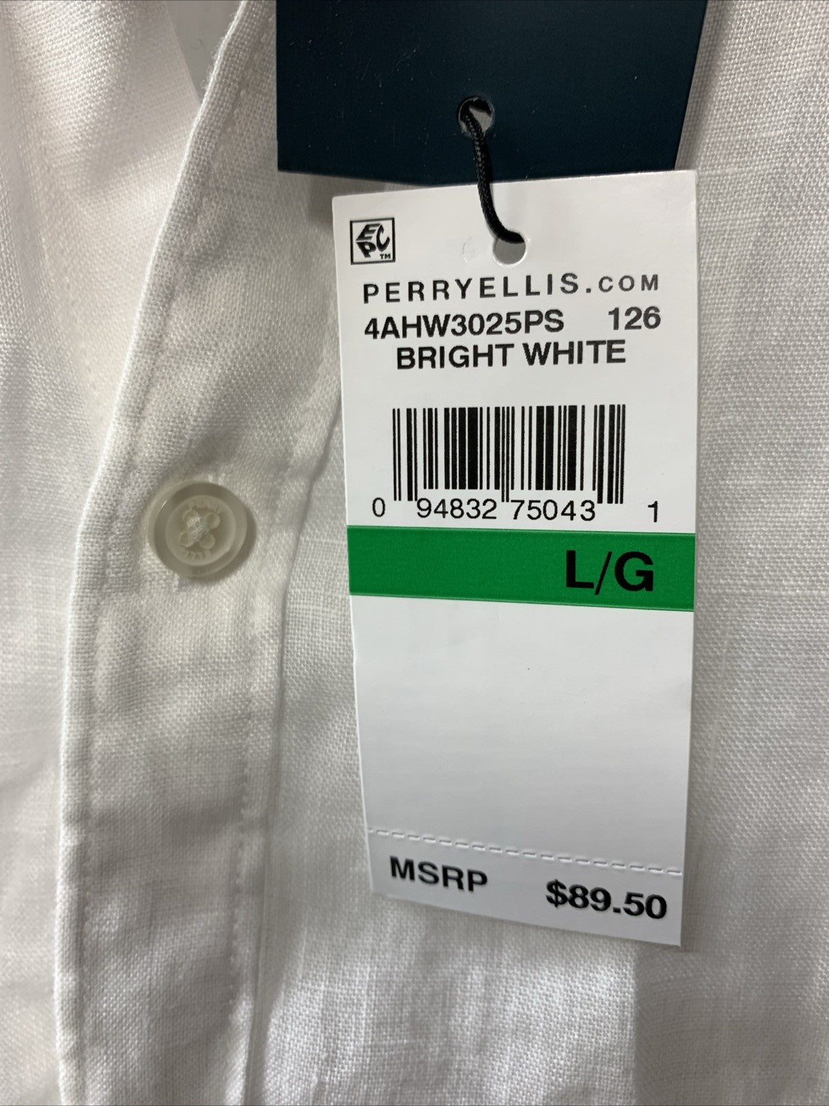 Perry Ellis Mens Roll Sleeve 100% Linen Button-Up Shirt Long Sleeve Size L White