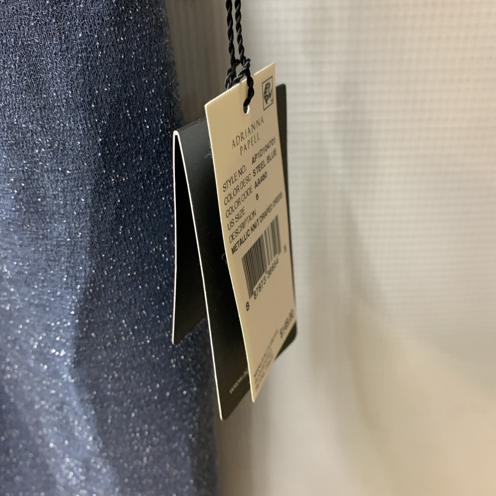 Adrianna Papell Women's Metallic Knit Draped Dress Steel Blue Square Neck Size 6