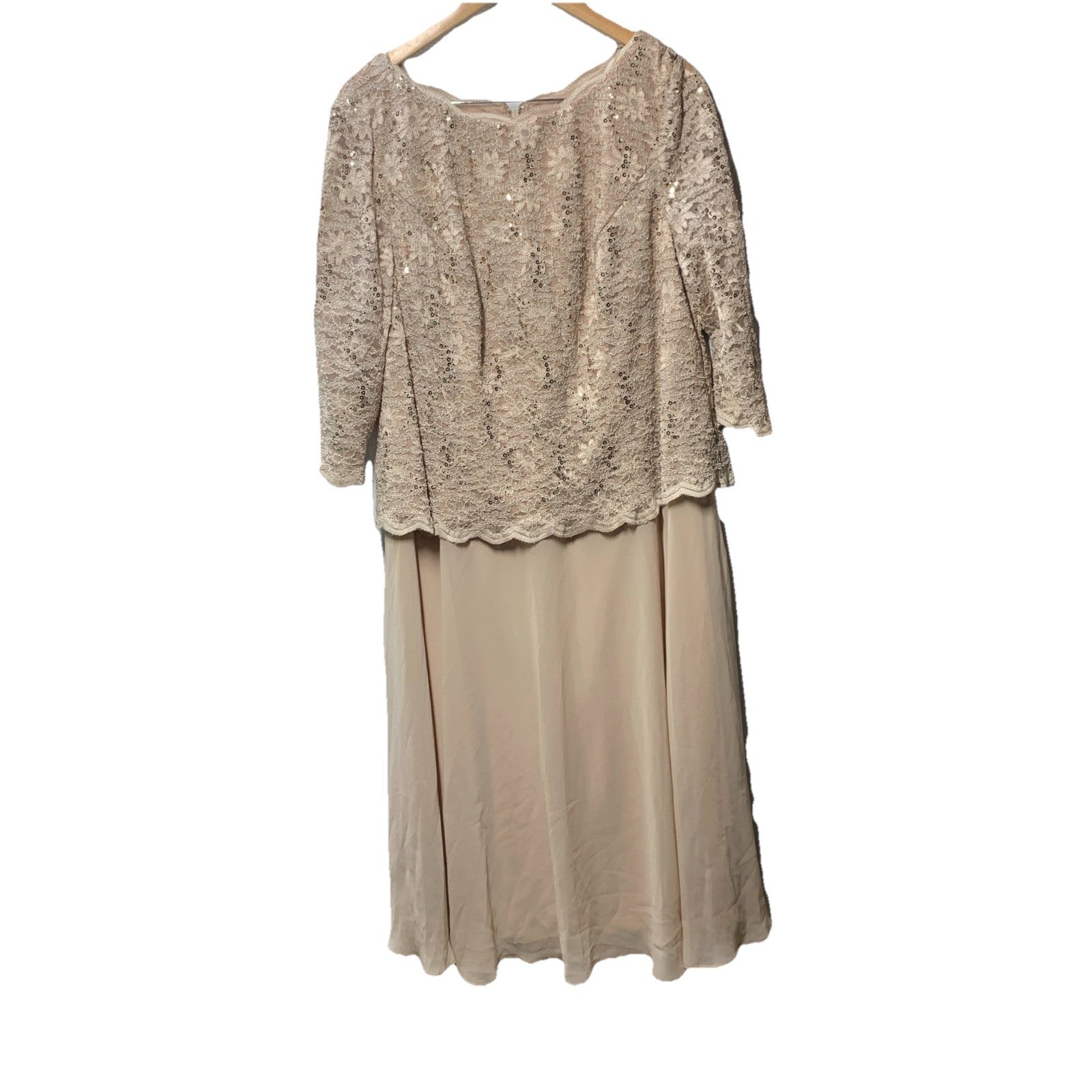 Alex Evenings Women's Tea Length Embroidered Bodice 3/4 Sleeve Size 18W Taupe