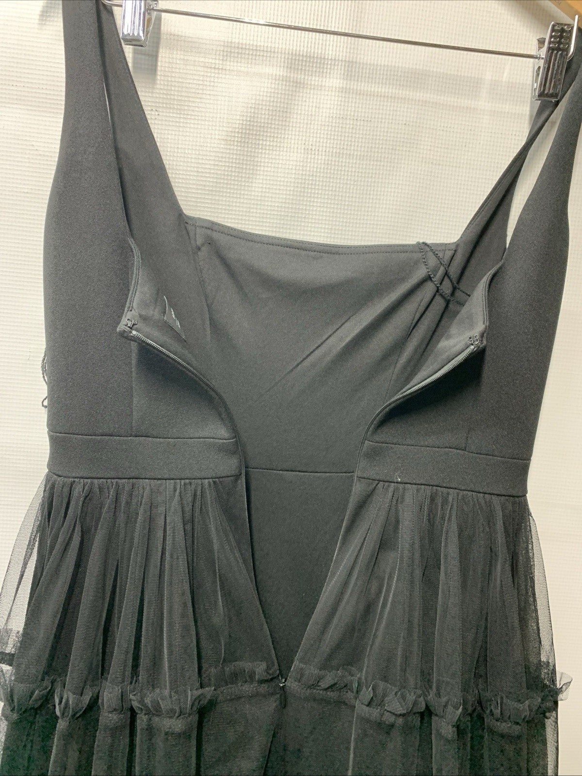 Adrianna Papell women's black square-neck midi mesh dress with back zip closure, size 2, stylish and elegant women's clothing.