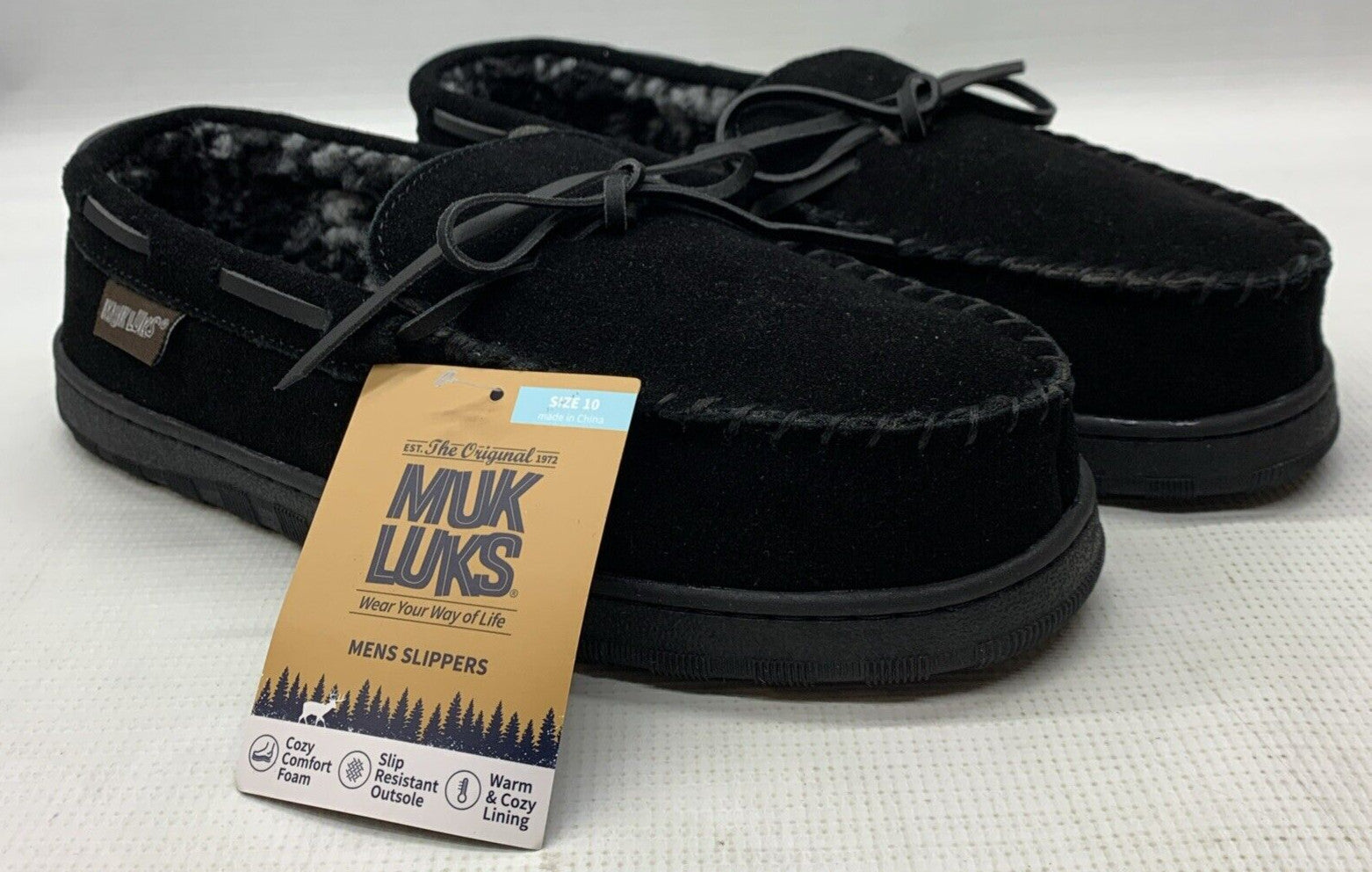 MUK LUKS Paul Printed Berber Suede Moccasin Men's Slipper Black Size 10 Casual