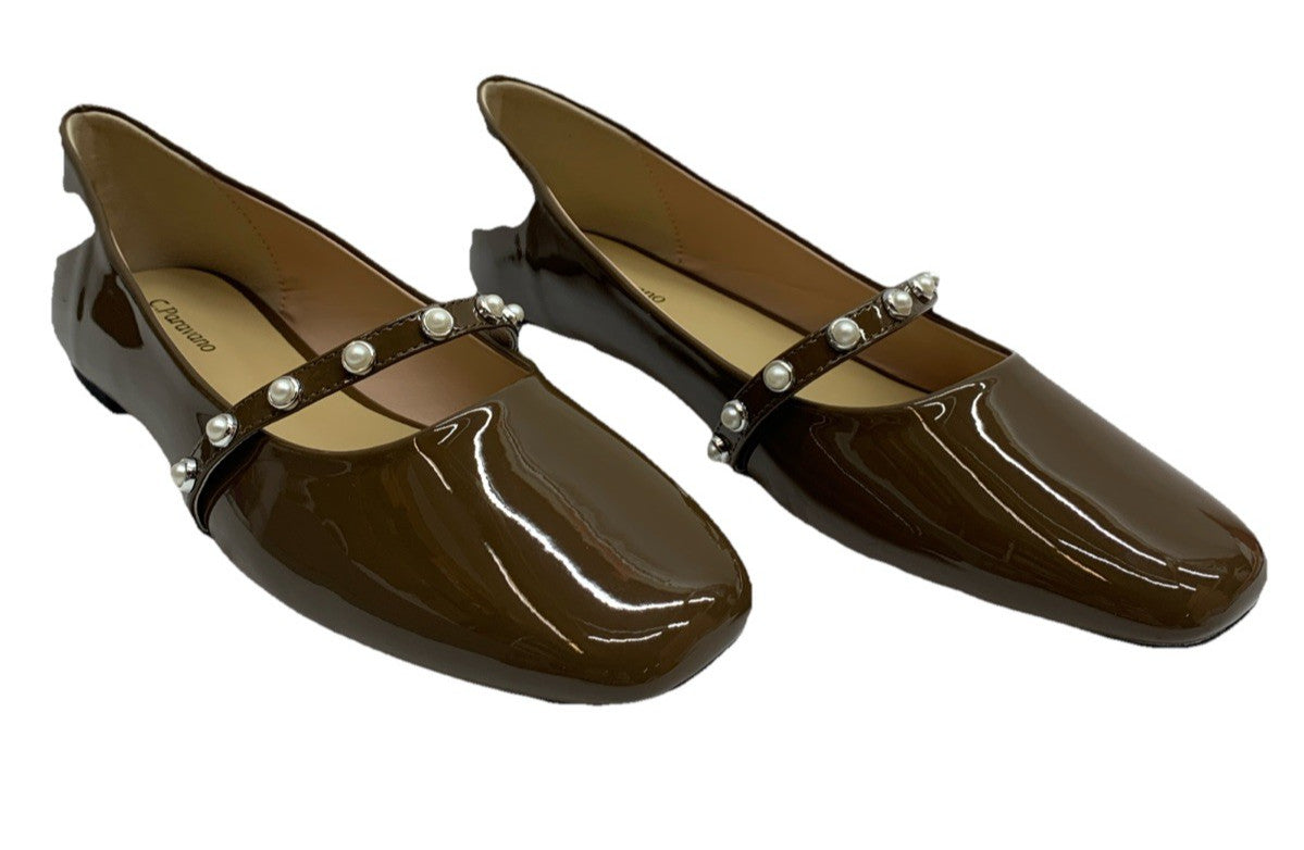 C.Paravano Mary Jane Women's Ballet Flats Brown Square Toe Pearl Strap Size 9.5