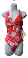 Calvin Klein women's V-neck one-piece swimsuit in size 6, black with sleek fit, displayed on a mannequin.