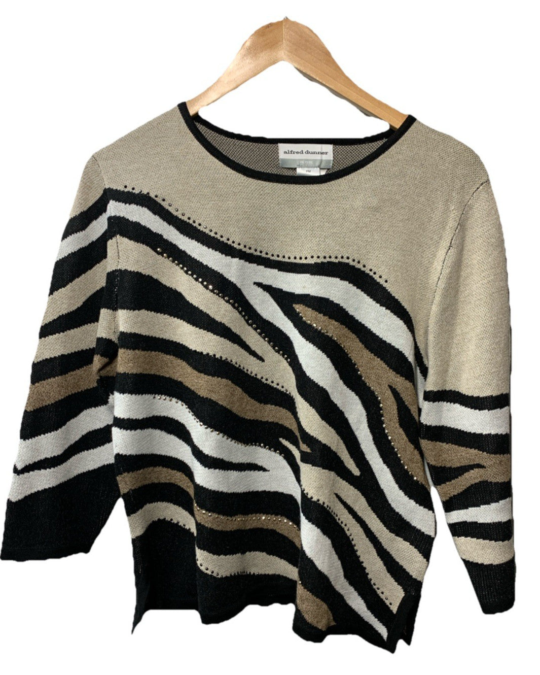 Alfred Dunner women's animal jacquard crew neck sweater with long sleeves, stylish and comfortable women's clothing by The Family Flips.