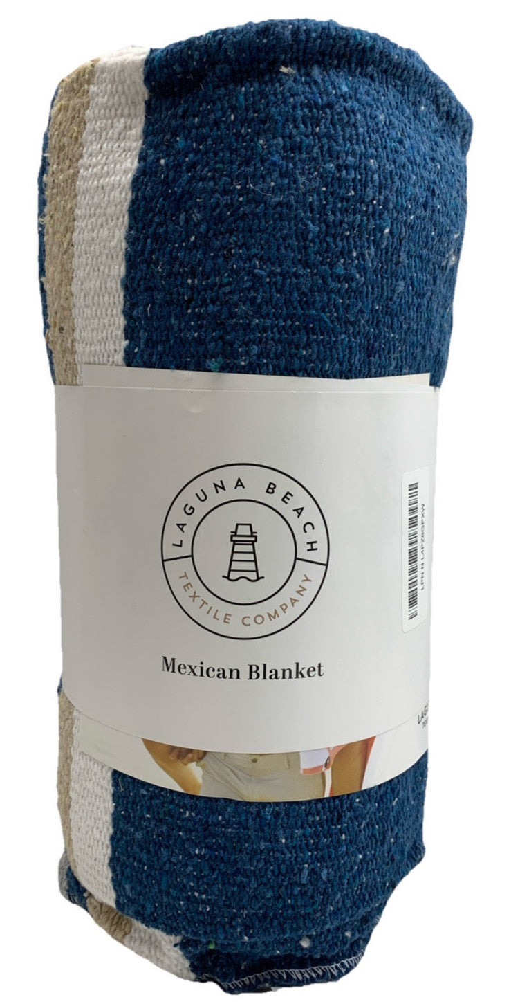 Navy/Tan Mexican Blanket by Laguna Beach Textile Co - Beach, Yoga, Camping,