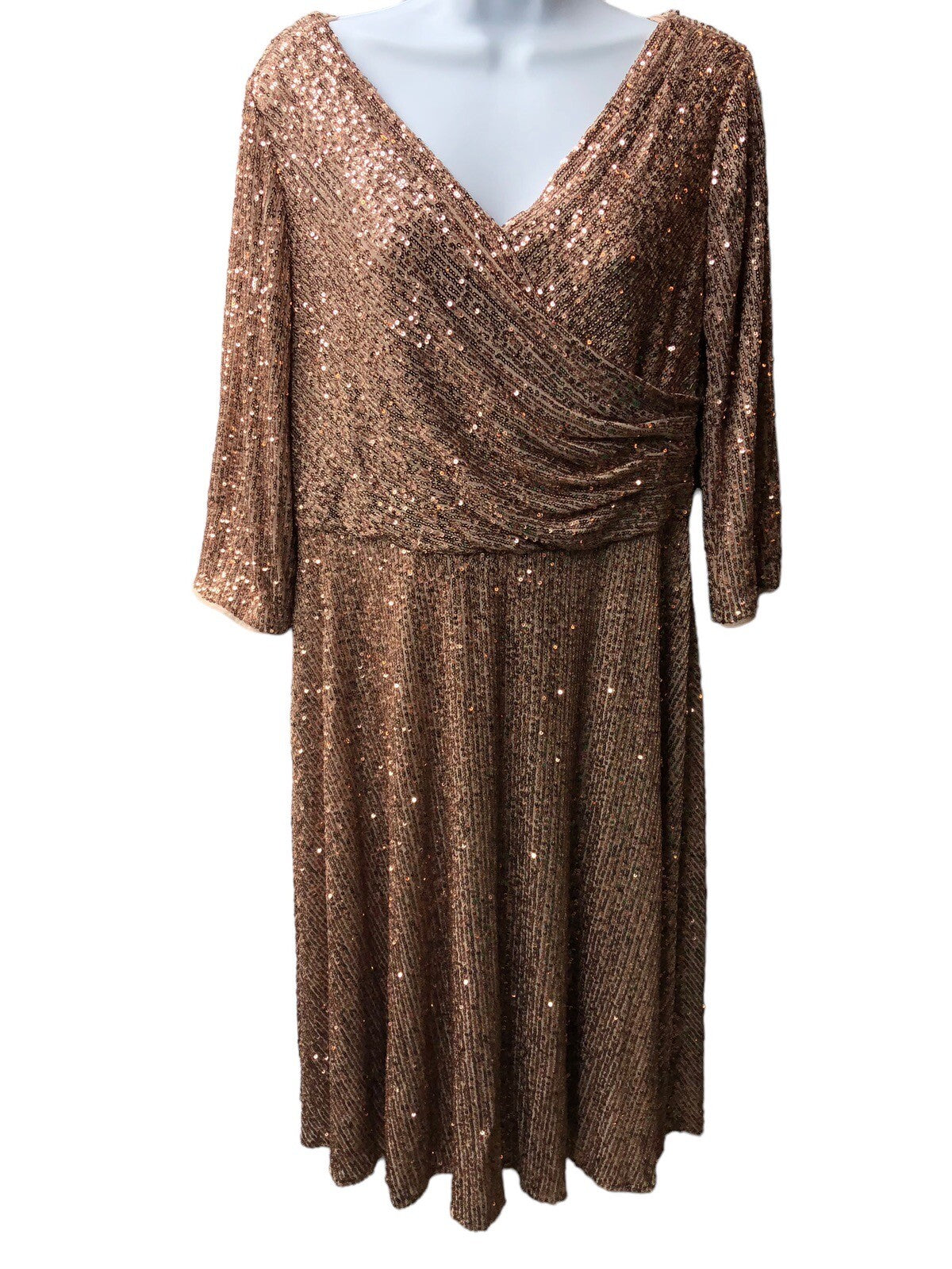 Alex Evenings gold sequin women's A-line dress with 3/4 sleeves, size 12P, featuring a stylish and elegant design.