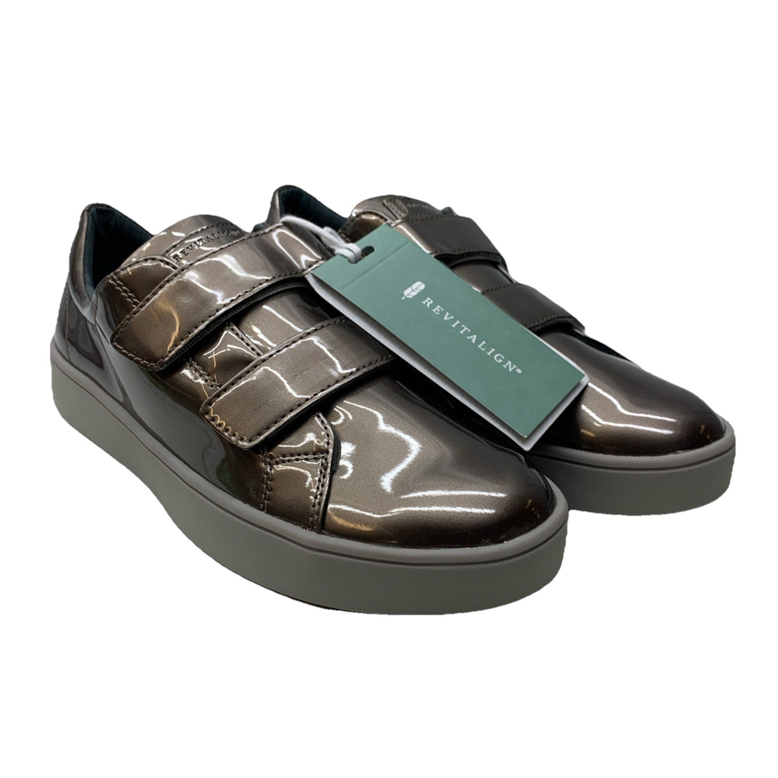 Revitalign Women's Malibu Bella Patent Pewter Sneakers Size 9B Hook & Loop Shoes