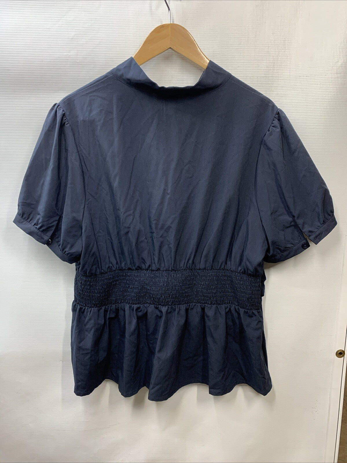 GRACE KARIN Women's Office Bow Tie Blouse Short Puff Sleeve Peplum Blue Size 2XL