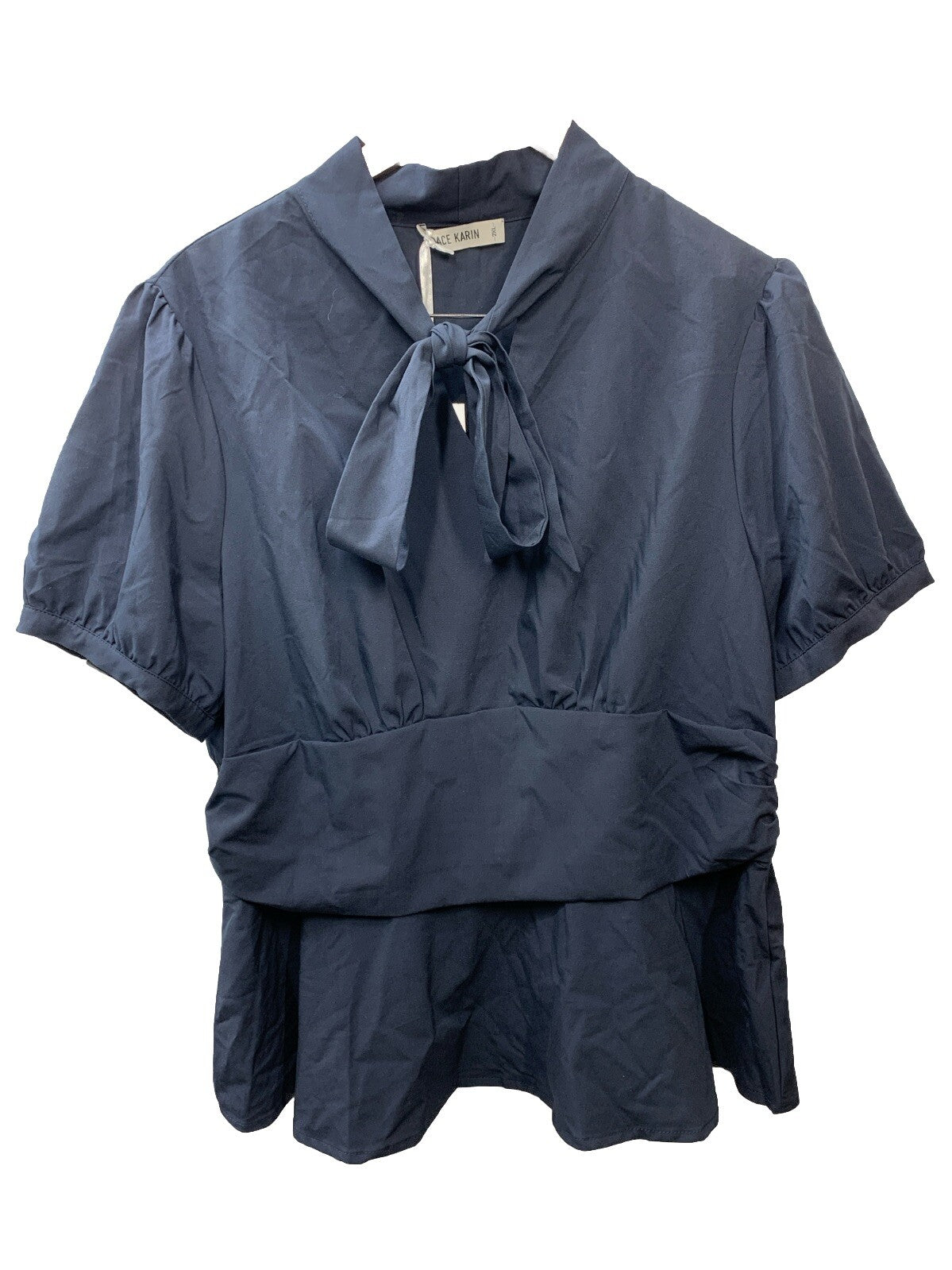 GRACE KARIN Women's Office Bow Tie Blouse Short Puff Sleeve Peplum Blue Size 2XL